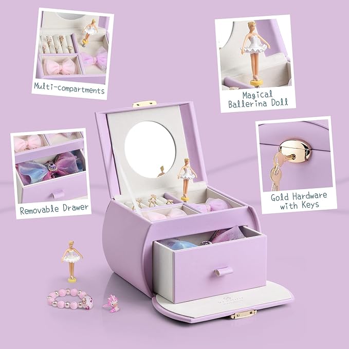 VLANDO Kids Musical Jewelry Box for Girls with Drawer, Music Box with Ballerina and Stickers for Birthday Bedroom Decor, Gifts for Girls Kids Christmas Thanksgiving Gifts 2024 - Purple