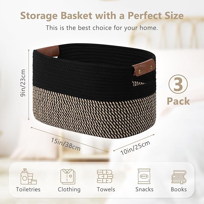 ECDYQXVU Cotton Rope Basket, Storage Baskets with Handle, 15x10x9 Inch Woven Basket for Shelves, Laundry, Towels, Clothes, Books, (Black Brown 3 Pack)