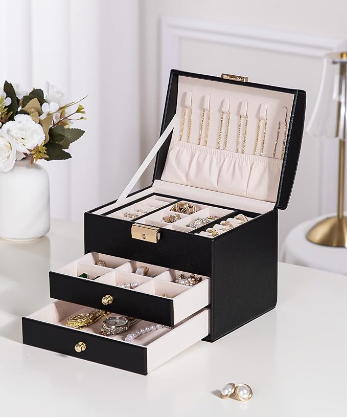 Homde Mothers Day Gifts Small Girls Jewelry Box with Lock: 3 Layer Organizer with Removable Tray - Storage for Ring Necklace Earring - Birthday & Return Gifts for Young Women (Graphite Black)