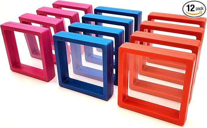 12PCS 3D Floating Frame Display Stand, Jewelry Box, Gift Box, Ornament Organizer, Small Travel Jewelry Box, PE Film Anti-Oxidation, Suspended Display Box Stackable (3.54*3.54，Type 3)