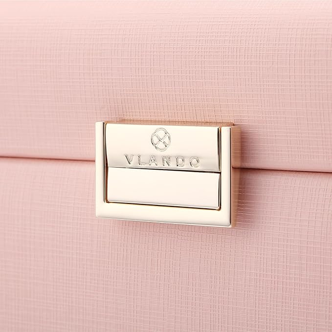 Vlando Mirrored Jewelry Box Organizer, Leather Jewelry Storage Case, Necklaces Earrings Rings Brackets Box Holder, Pink