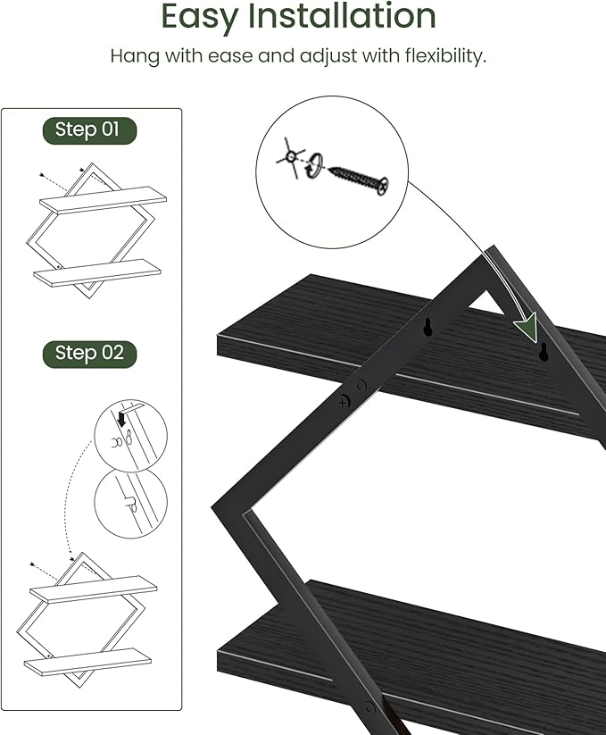 CHOEZON Floating Shelves, Set of 2 Wall Shelves, 2-Tier Hanging Shelves, Wall Shelf Set of 2, Wall Mounted Shelves, for Living Room, Bedroom, Kitchen, Office, Study, Black TBJ01P2BB
