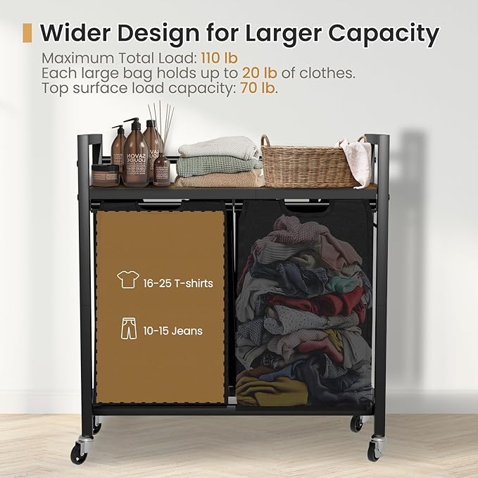 SwaaVee Laundry Hamper, Laundry Basket, Laundry Sorter with 2 Removable Bags, Clothes Basket with 2 Compartments, Wheels, Shelf for Laundry Room Bathroom Bedroom (2 Bags-Black)