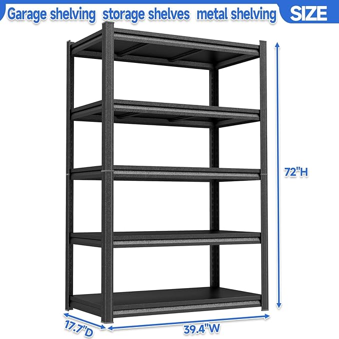 PRESTELION 72" H Storage Shelves 5 Tier Garage Shelving Unit 3000LBS Metal Shelf Adjustable Storage Rack for Basement, Warehouse, Pantry, Closet, Kitchen 72" H x 39.4" W x 17.7" D,Black