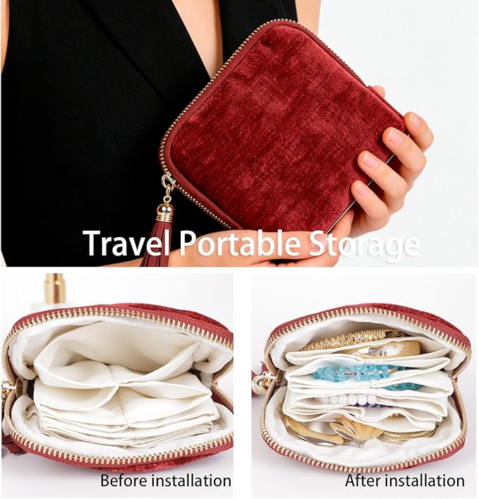 ASINGYER Travel Jewelry Storage Bag for Women, Velvet Portable Jewelry Organizer with Tassel Zipper, Small Pouches for Bracelets Necklaces Rings Earrings, Wedding Gift for Women (Wine red)