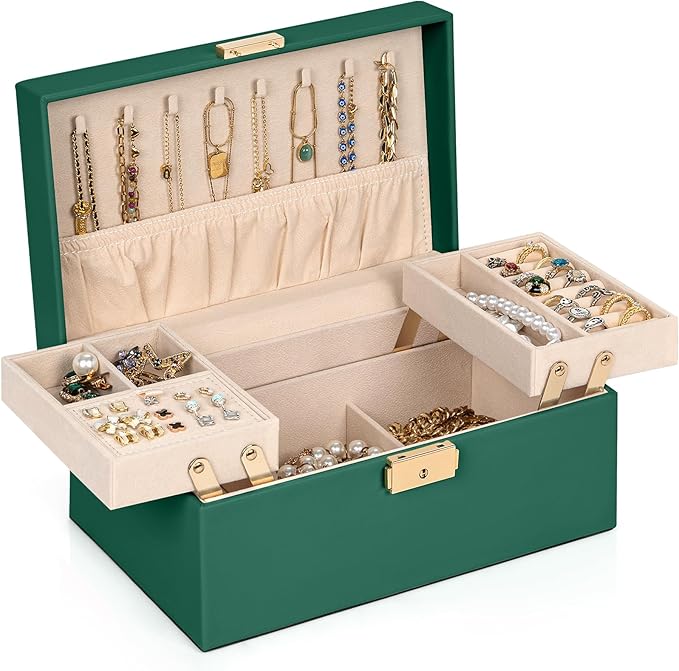 AKOZLIN Travel Jewelry Box Organizer Functional 2-trays Leather Jewelry Storage Case with Lockable Portable for Women Girls Ring Necklace Earring Bracelet