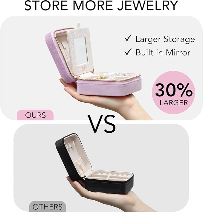 BLUTETE Travel Jewelry Box Organizer Velvet Travel Case With Mirror Rings Earrings Necklaces Storage Organizer Box (Lavender)