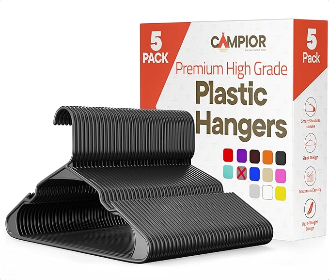Gray Plastic Hangers 5 Pack– Heavy-Duty Plastic Hangers Slim and Space-Saving, Durable and Lightweight PP with Non-Slip Shoulder Notches for Slip Dresses, Suits, Jackets & Camisoles