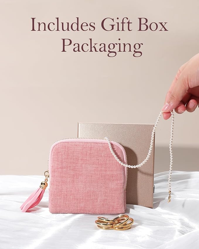 COOLYOUTH Travel Jewelry Case Organizer for Women Portable Jewelry Box with Small Pouches Mini Jewelry Bag for Rings, Bracelets, & Bangles with Smooth Metal Zipper (Pink)