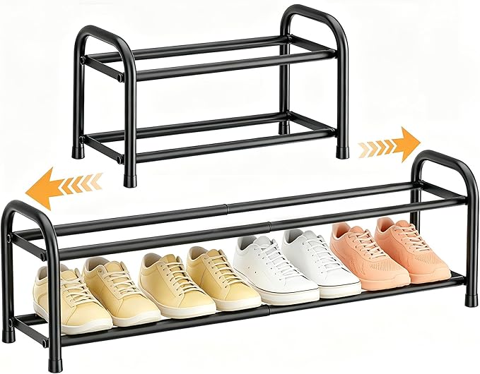 ENJOYBASICS 2 Tier Expandable Shoe Rack for Closet, Free Standing Metal Shoe Shelf Storage Organizer Holder 8 Pairs, Adjustable Width Shoe Rack for Entryway Small Space, Black