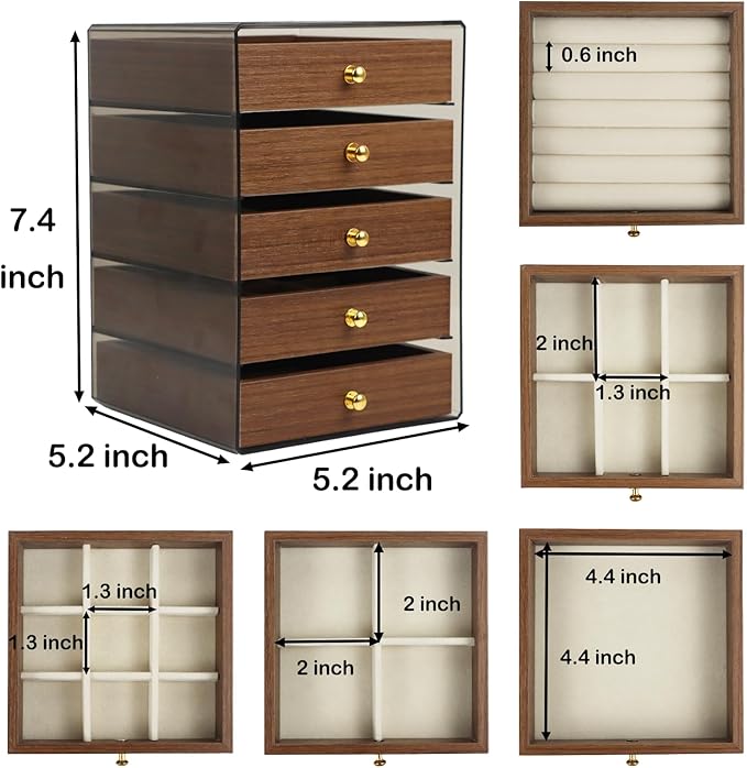 Fordonral Earring Jewelry Organizer Box with 5 Drawers, Plastic Jewelry Storage with Asjustable Velvet Trays, Multiple Display Holder for Earrings Ring Bracelet Necklace (Small-5-Drawer)