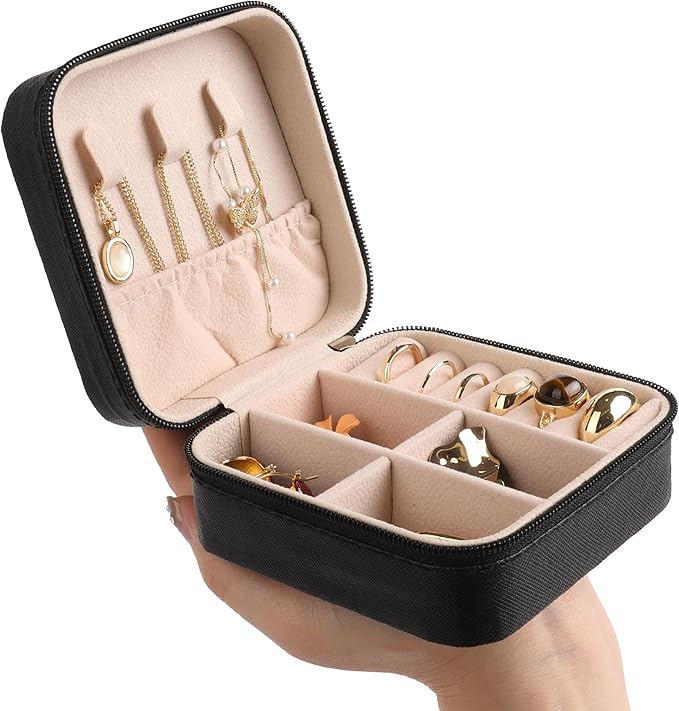 OceeK Travel Jewelry Case Box Organizer, PU Leather Small Jewelry Box,Portable Travel Jewelry Storage Case,Black,1 Pack