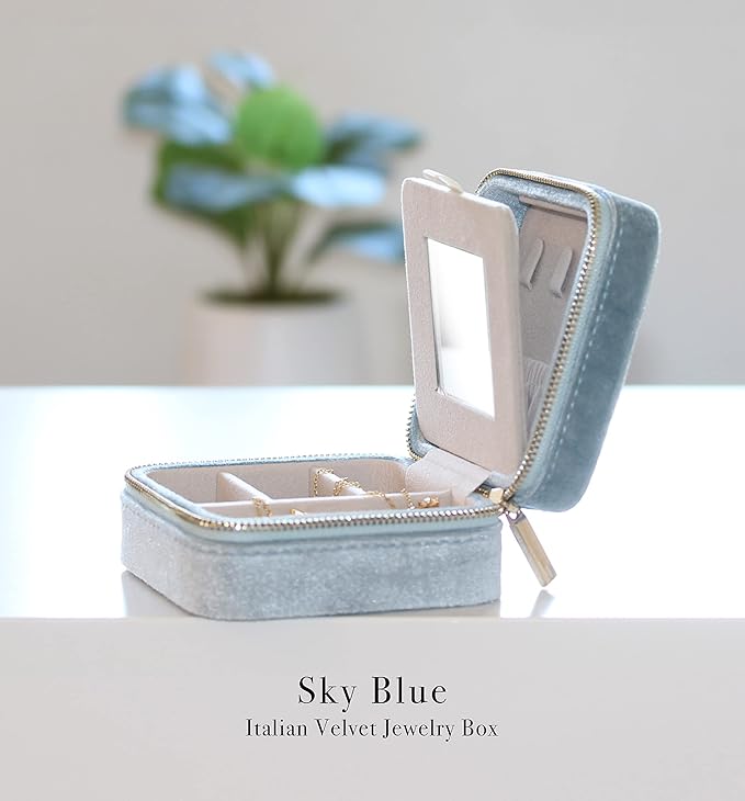 BLUTETE Travel Jewelry Box Organizer Velvet Travel Case With Mirror Ring Earrings Necklaces Storage Organizer Box (Sky Blue)