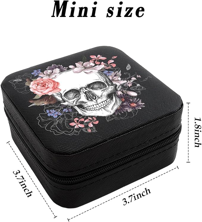 Skull Sugar Flowers Black Jewelry Box Portable Travel Jewelry Case Jewellery Organizer Storage Travel Essentials Earrings Box Ring Case Halloween Gifts for Women Girlboo Basket Stuffers