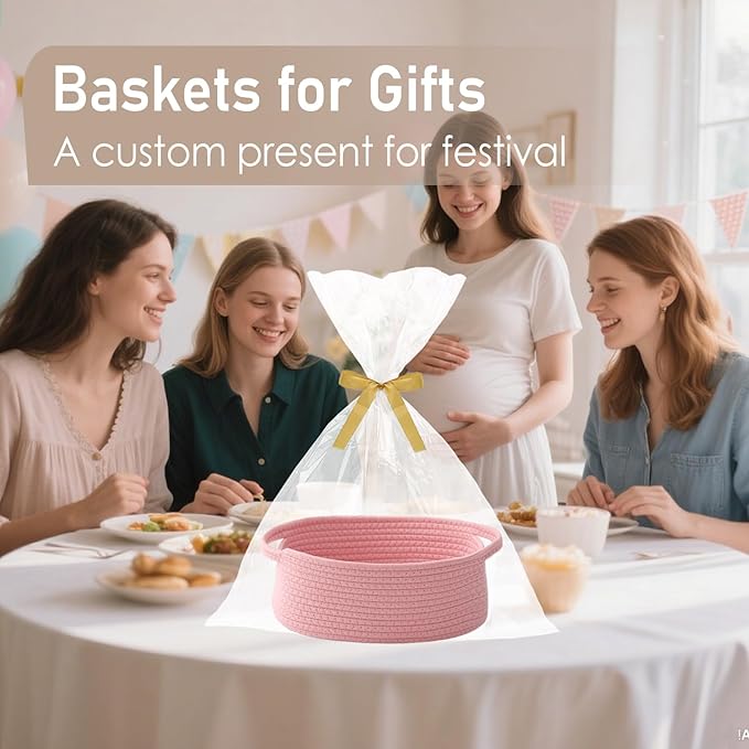 JMvicyroam Woven Basket,Small Rope Storage Bin with Handles & Ribbon Bag, Organizer for Shelves Closets,Gift Basket Empty for Birthday,Books,Dog Toys, Pink/2 Pack