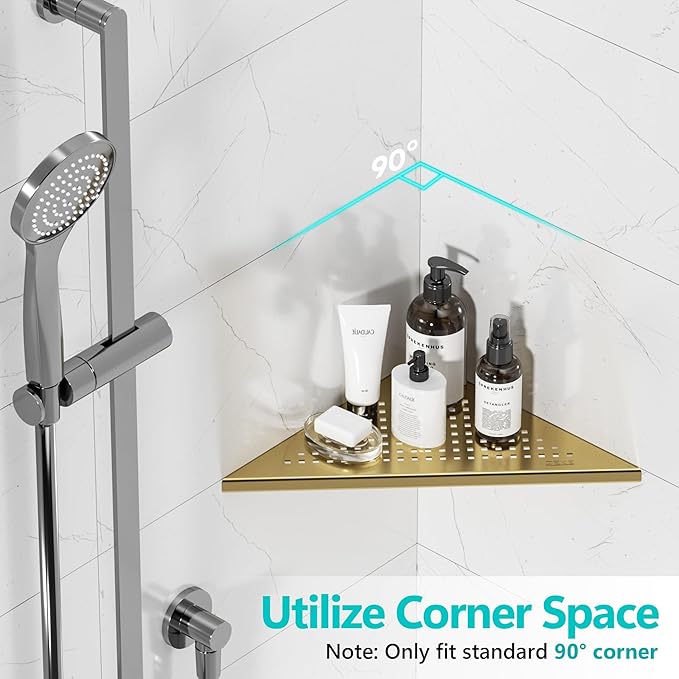 Qeke Bathroom Corner Shelf, Recessed 10" Shower Shelf Caddy, SUS304 Stainless Steel Shelf Wall Mount Triangular, No Drilling, Brushed Golden