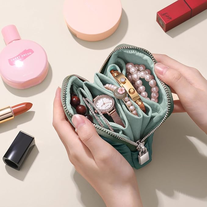 Small Travel Jewelry Case Set 2-in-1 Detachable Velvet Pouches, Portable Jewelry Organizer Bag for Rings Earrings Bracelets, Gift Box for Women (Mint Green)