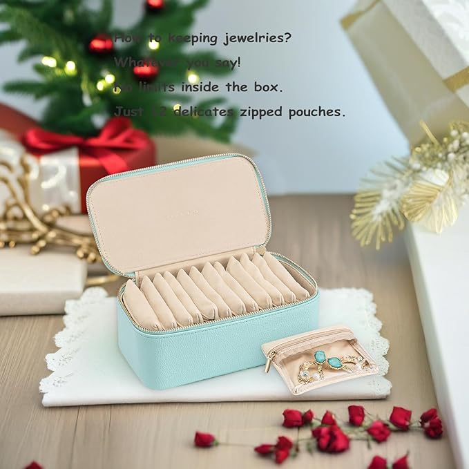 VLANDO Travel Jewelry Box Organizer – Portable PU Leather Jewelry Case with 6/8/12 Zippered Pouches, Compact Storage for Earrings Rings Necklaces Bracelets, Aqua Blue