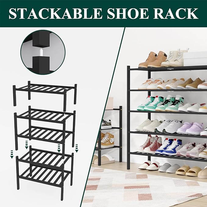 Smiry Shoe Rack, 2 Tier Long Bamboo Shoe Organizer, Stackable Free Standing Wooden Shoe Storage Shelf for Closet, Entryway, Front Door Entrance, Black