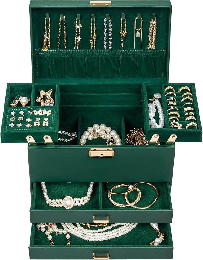 AKOZLIN Travel Jewelry Box Organizer Functional 2-trays Leather Jewelry Storage Case with Lockable Portable 2 Drawers for Women Girls Ring Necklace Earring Bracelet