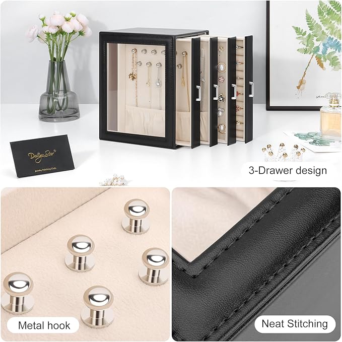 DesignSter Jewelry Box Organizer, Jewelry Box for Women, PU Jewelry Organizer Display Case with Side Drawers, Jewelry Storage for Earring Necklace Ring Bracelet Watch