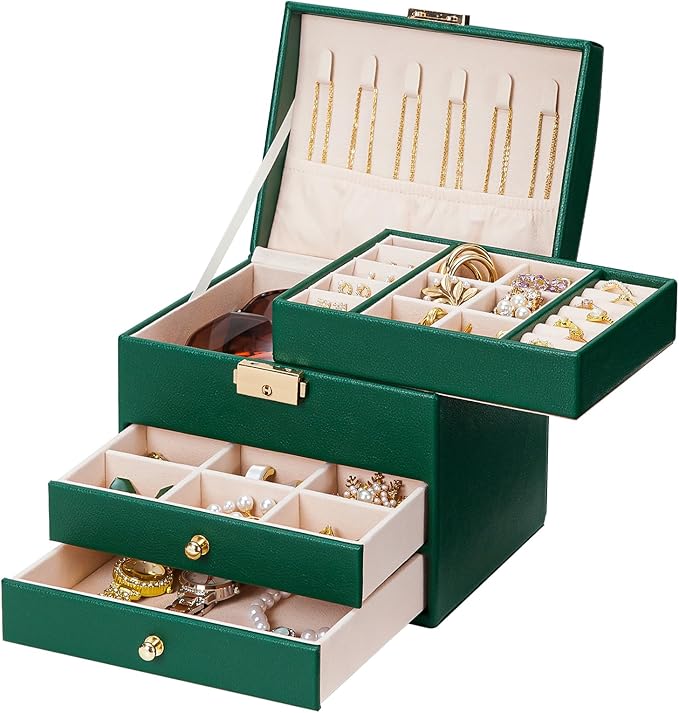 Homde Mothers Day Gifts Small Girls Jewelry Box with Lock: 3 Layer Organizer with Removable Tray - Storage for Ring Necklace Earring - Birthday & Return Gifts for Young Women (Midnight Green)