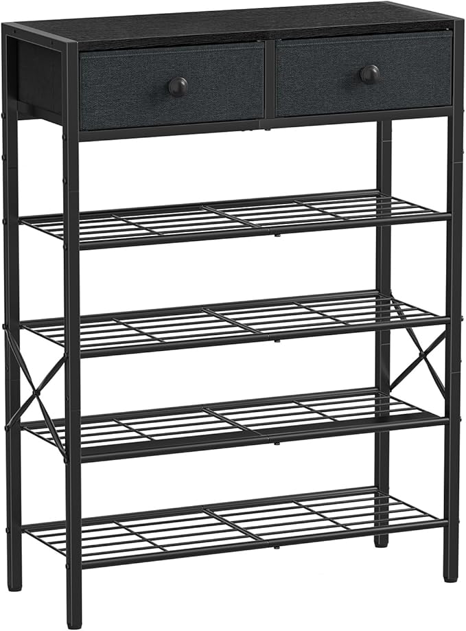 Shoe Rack for Entryway, 5 Tier Shoe Organizer with 2 Non-Woven Drawers, Metal Storage Shoe Shelf for 16-20 Pairs of Shoes, with Wooden Top and Steel Frame, Shoe Stand for Closet Black Grey
