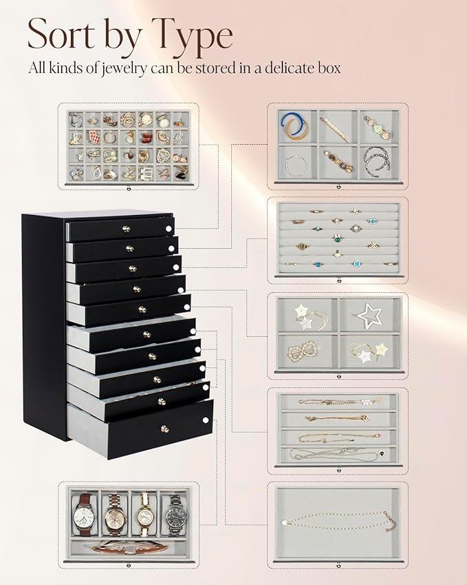 GUKA Large Jewelry Box, Jewelry Case with 10 Drawers for Big and Small Jewelry, Jewelry Storage Organizer for Watch Earrings Necklace Rings Bracelets, Birthday Wedding Gifts, Black
