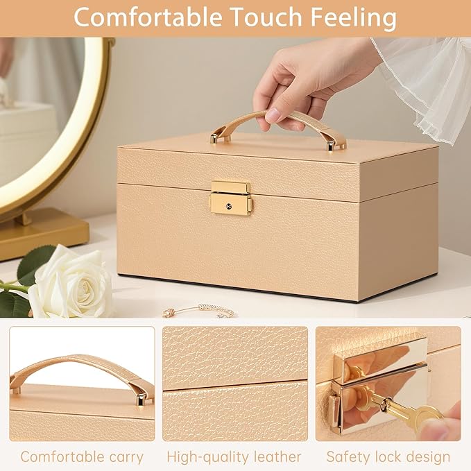 AKOZLIN Travel Jewelry Box Organizer Functional 2-trays Leather Jewelry Storage Case with Lockable Portable for Women Girls Ring Necklace Earring Bracelet Champagne