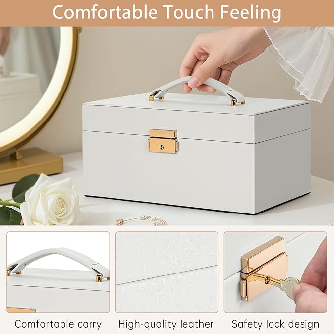 AKOZLIN Travel Jewelry Box Organizer Functional 2-trays Leather Jewelry Storage Case with Lockable Portable for Women Girls Ring Necklace Earring Bracelet