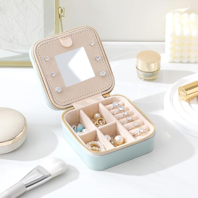 Genuine Leather Travel Jewelry Case Organizer with Mirror for Women, Small Jewelry Box Portable Mini Jewelry Case for Earring, Ring, Necklace, Bracelet(Cyan)