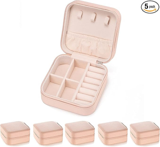5pack/PU Leather Travel Jewelry Case, Mini Jewelry Box, Small Jewelry Organizer Portable Display Jewelry Storage Case for Rings Earrings Necklace Bracelet Bangle, for Girls Women (Pink)