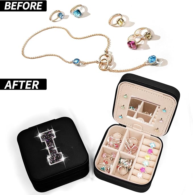 Uygafly Personalized Jewelry Case for Women Girls - Fashion Mini Jewelry Boxes - Trendy Travel Jewelry Organizer with Initials Letter - Teen Gifts | Black,I