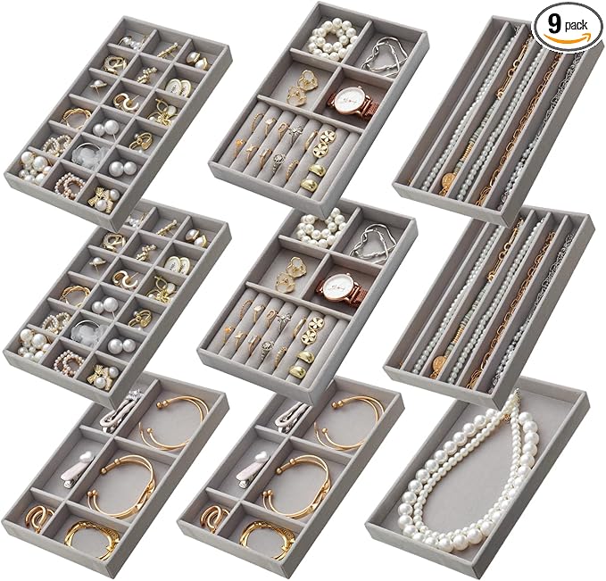 Stackable Jewelry Organizer Trays Set of 9, Small Velvet Jewelry Organizers Earring Necklace Ring Bracelet Display Case Storage for Drawer Dresser (Grey)