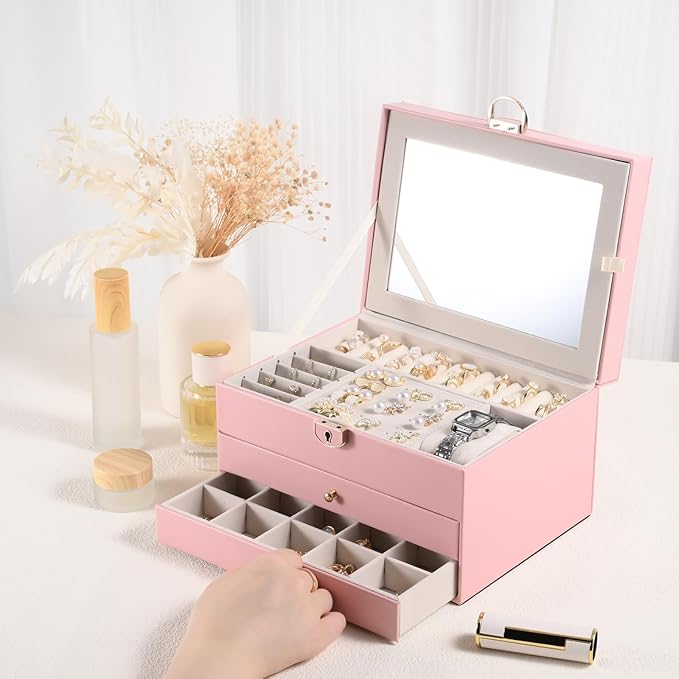 3 Layer Jewelry Boxes Large Jewelry Holder Organizer Case with 2 Jewelry Organizer Drawer PU Necklace Organizer Lockable Upgrade Mirror Gifts for Women, Pink