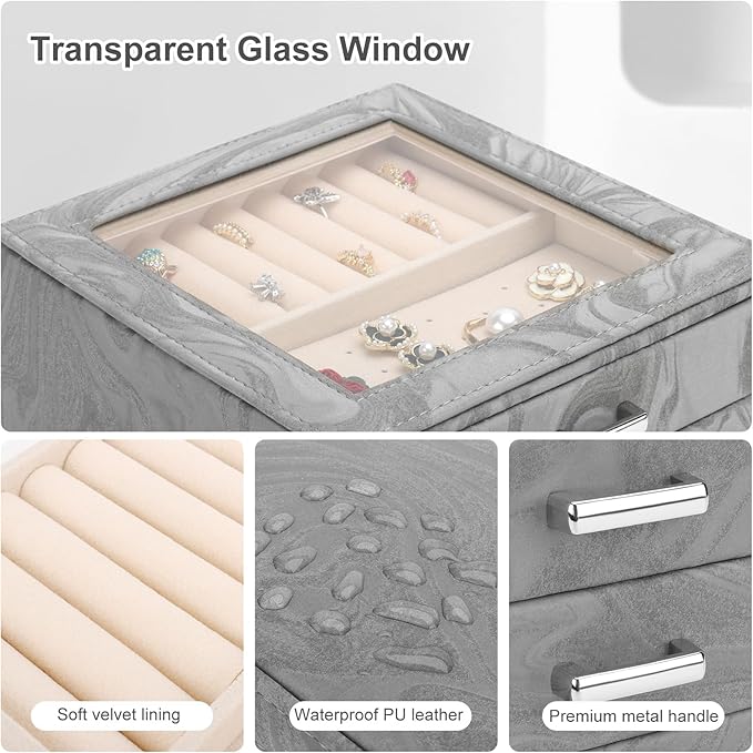 DesignSter Jewelry Box Organizer, Jewelry Box for Women, PU Jewelry Organizer Display Case with Side Drawers, Jewelry Storage for Earring Necklace Ring Bracelet Watch