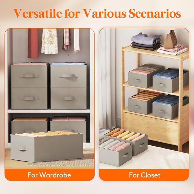 Lifewit 9 Pack Clothes Organizer, 6 Grids Closet Jean Storage Bins with Handles and Support Boards, Foldable Drawer Organizer for Sweater, Pants, T-shirt, Dress, Grey, Size 16.5''x10.6''x7.1''