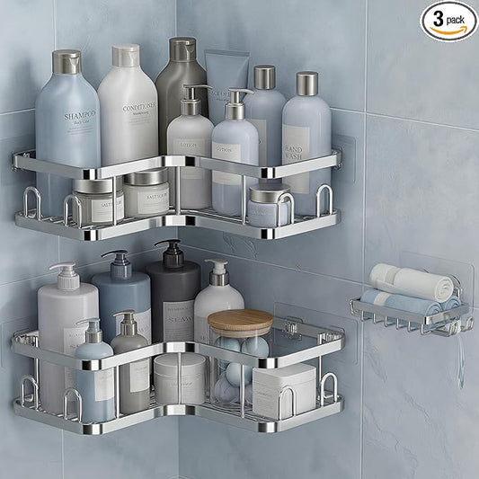 Veken Corner Adhesive Shower Caddy 3-Pack with Soap Holder&Hooks,No Drilling Shower Shelves,Rustproof & Waterproof Bathroom Organizers and Storage,Rack for Small Spaces, Kitchen&Rental-Friendly,Silver