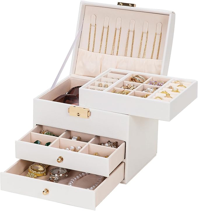 Homde Mothers Day Gifts Small Girls Jewelry Box with Lock: 3 Layer Organizer with Removable Tray - Storage for Ring Necklace Earring - Birthday & Return Gifts for Young Women (Cloud White)