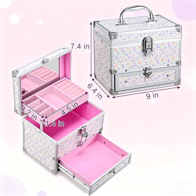 Hododou Girls Jewelry Box Organizer with Drawer & Mirror, Shiny Pink Style Lockable Storage Case for Kid or Little Girls Jewelry and Hair Accessories Lilac