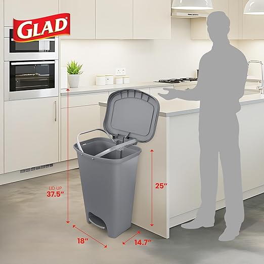 Glad Kitchen Trash Can | Large Plastic Waste Bin with Odor Protection of Lid | Hands Free with Step On Foot Pedal and Garbage Bag Rings, 13 Gallon, Grey