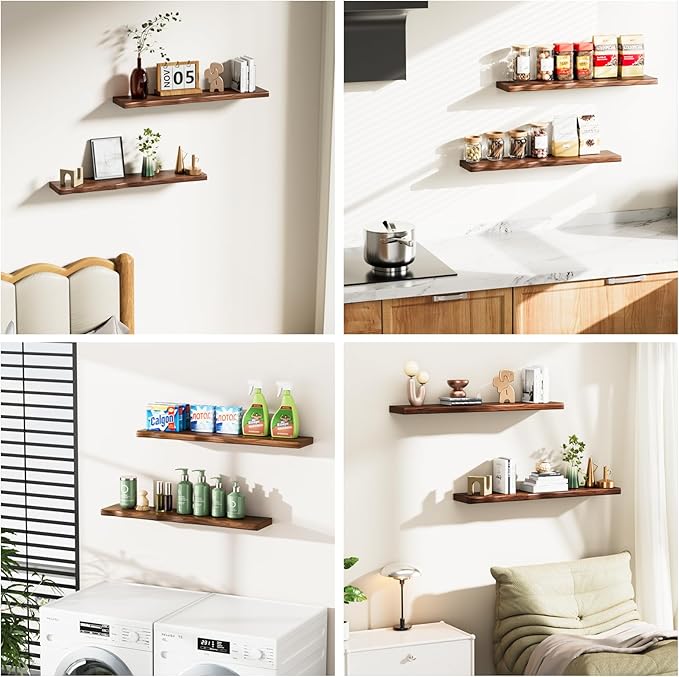 Floating Shelves for Wall Rustic Farmhouse 36 Inch Floating Shelf Bathroom Wooden Shelves for Wall Mounted Live Edge Pine Shelf with Unique Natural Grain for Living Room Bedroom Kitchen (Walnut)