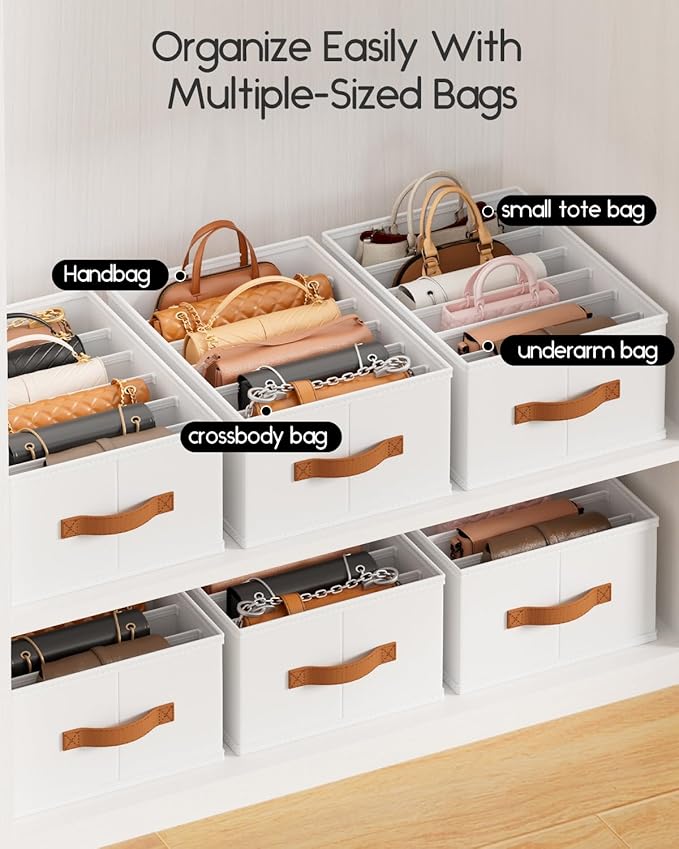 Homsorout Purse Organizer for Closet, Fabric Handbag Storage Organizer with Handles, Foldable Bag Organizer Drawer for Flat Handbags, Clothes, Towels or Pants, Closet Storage Organizer, White, 6 Pack