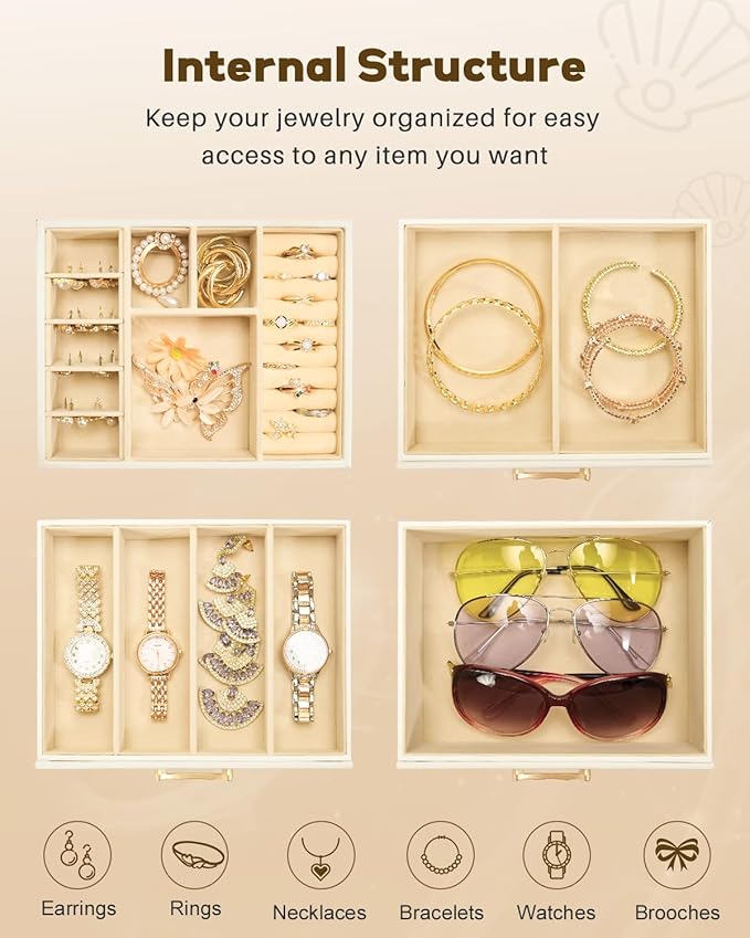 Enthralite Jewelry Box with 3 Drawers : Jewelry Display Organizer for Earrings Necklaces - Gift for Girls Women | White