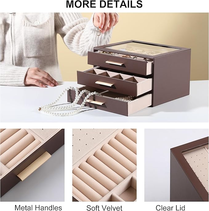 Frebeauty Clear Lid Jewelry Box,3-Layer Jewelry Organizer with Drawer,PU Leather Jewelry Organizers and Storage,Jewelry Boxes for Women,Jewelry Storage for Rings Earring Stud,Gift for Women(Brown)
