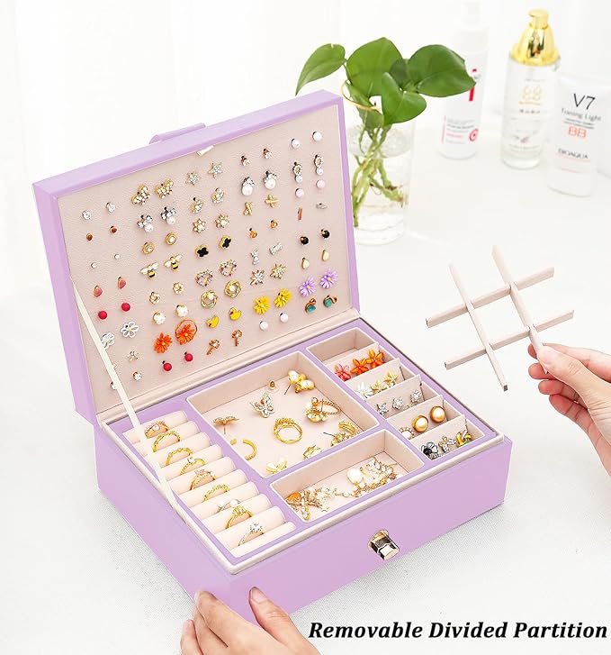 Earrings Jewelry Box for Girls, Large Capacity Jewelry Organizer with 40-Pair Earring Board, 2-Layer Leather Jewelry Storage Box for Necklaces Rings Bracelets with Removable Tray, LightPurple