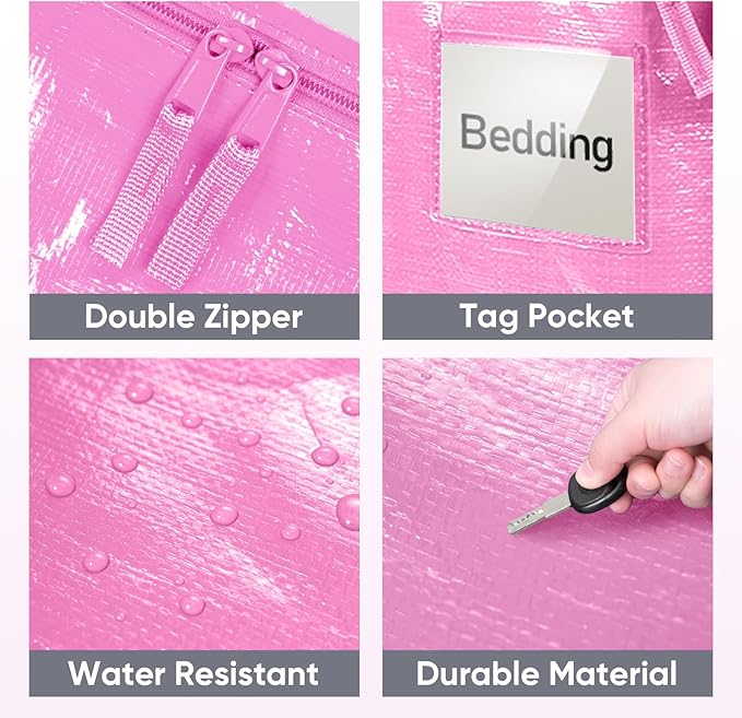 TICONN 6 Pack Extra Large Moving Bags Heavy Duty with Zippers & Carrying Handles, Durable Storage Bags Moving Boxes for Closet Organizers and Storage (6 Pack, Pink)
