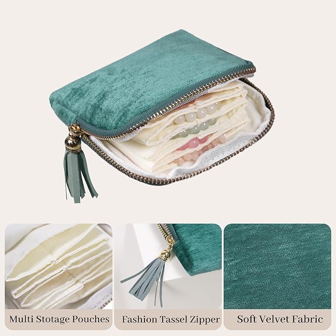 Stratalife Travel Jewelry Case - Portable Jewelry Pouches for Gemstones Healing Crystal, Bracelets Bangles Storage, Necklace Ring Holder Organizer with Zipper for Women, Mint Blue Tassel
