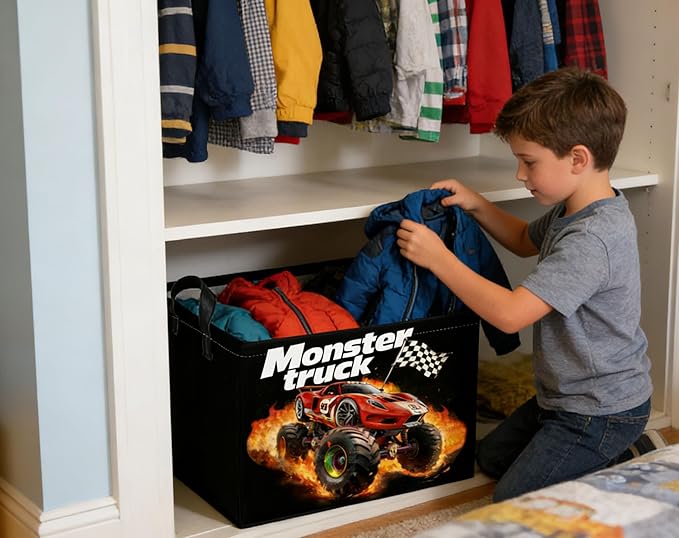 Rectangular Kids Baskets Moster truck Basket Cute Storage Bins Organizer Box Boys Room Decor for Home.(Black racing car)