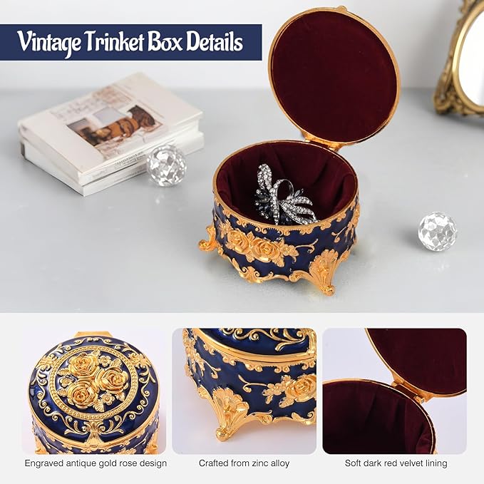 Vintage Jewelry Box, Gold Round Treasure Ring Box, Metal Trinket Organizer Keepsake Box Gift for Girl Women, Deep Blue